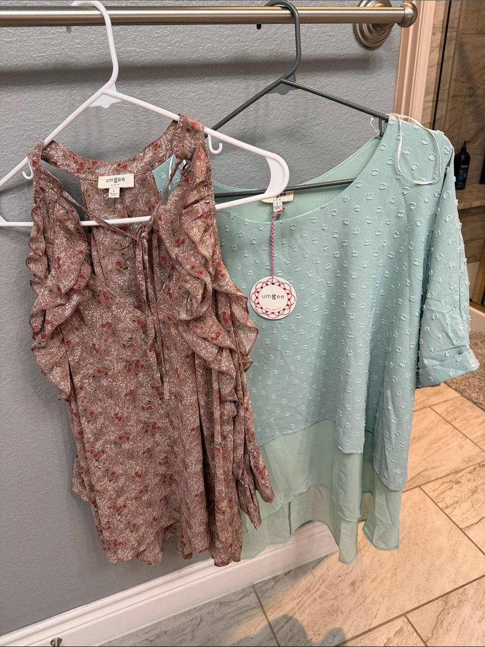 Umgee Mint Swiss Dot Layered Blouse & Dusty Rose Floral Ruffled 1/4 sleeve